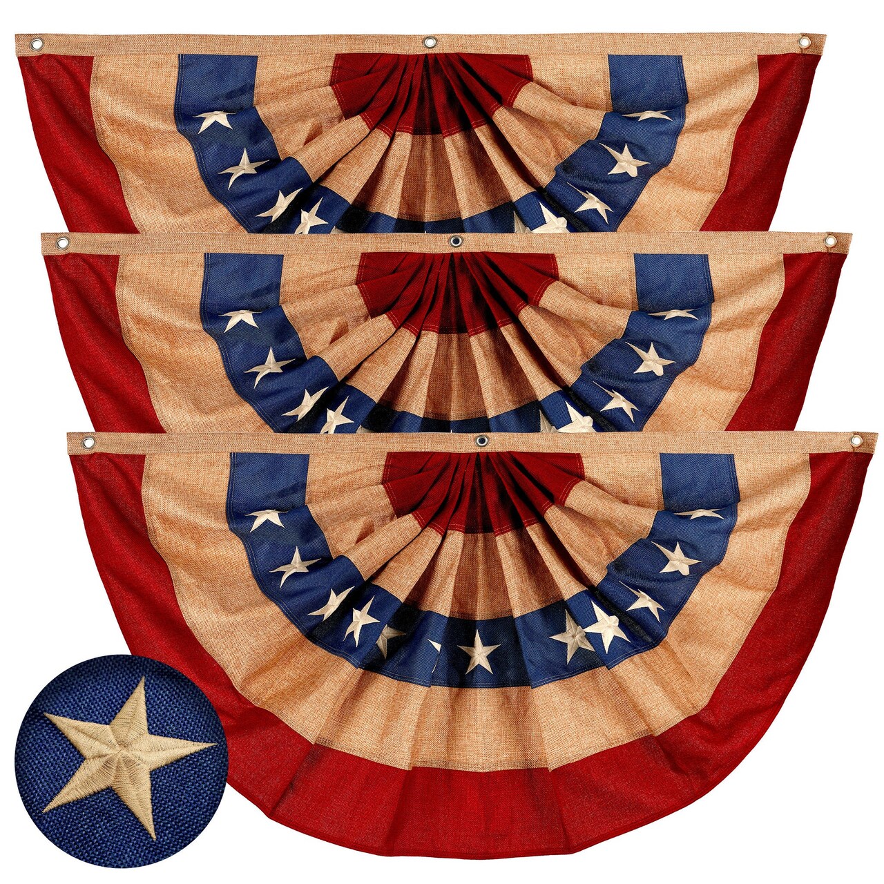 G128 - 3 Pack: USA Tea Stained Pleated Fan Flag 2x4FT Burlap Embroidered Polyester Stars and Stripes
